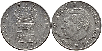 Швеция 1 крона 1971 Густав VI Адольф (1950-1973) KM 826a медь плакированная медно-никелем 4388-1232