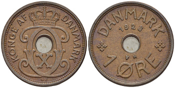 ДАНИЯ 1 ЭРЕ 1928 N; GJ, КРИСТИАН X KM 826.2 бронза 100-247