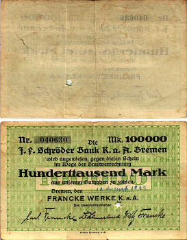 БРЕМЕН 100000 МАРОК 1923 НОТГЕЛЬД, 10 АВГУСТА 1923, FRANKE WERKE K. a. A., ПЕРФОРАЦИЯ ЗВЕЗДА, СВОБОДНЫЙ ГОРОД Keller 585b бумага 6318-34-2-1