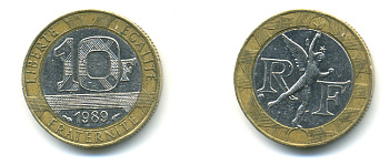 Франция 10 франков 1989 тип гений Бастилии KM 964.1, Le Franc 375.3 биметалл 176-1215