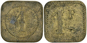 Франция 1 франк XIX-XX век ресторанный жетон латунь 4166-851