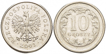 Польша 10 грошей 2001 MW KM 279, Parchimowicz 704h медно-никель 112-1238