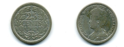 Нидерланды 25 центов 1919 Вильгельмина I (1890-1948) KM 146 серебро 46-225