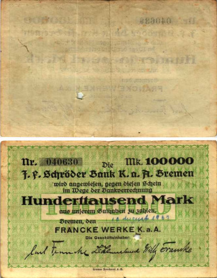 БРЕМЕН 100000 МАРОК 1923 НОТГЕЛЬД, 10 АВГУСТА 1923, FRANKE WERKE K. a. A., ПЕРФОРАЦИЯ ЗВЕЗДА, СВОБОДНЫЙ ГОРОД Keller 585b бумага 6318-34-2-1