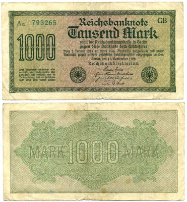 ГЕРМАНИЯ 1000 МАРОК 1922 15 СЕНТЯБРЯ 1922, ВОДЯНОЙ ЗНАК G, БЕЛАЯ БУМАГА Pick 76e бумага 7548-42-3