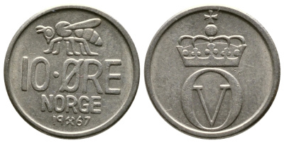 Норвегия 10 эре 1967 пчела, Улаф V (1958-1991) KM 411 медно-никель 220-453