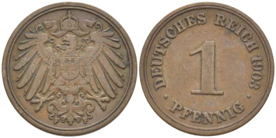 ГЕРМАНИЯ 1 ПФЕННИГ 1903 F KM 10, J. 10, Weege 2 медь 211-311