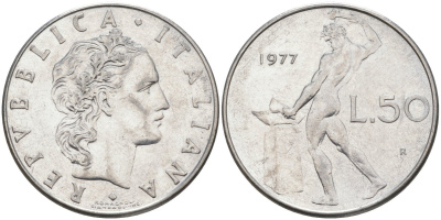 Италия 50 лир 1977 R, Бог огня Вулкан у наковальни KM 95.1 нержавеющая сталь 4525-627