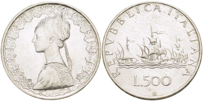 Италия 500 лир 1959 R, корабли Колумба KM 98 серебро 59-1515