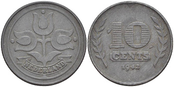 НИДЕРЛАНДЫ 10 ЦЕНТОВ 1942 ВИЛЬГЕЛЬМИНА I (1891-1948), ГЕРМАНСКАЯ ОККУПАЦИЯ, ВТОРАЯ МИРОВАЯ ВОЙНА KM 173 цинк 4548-836