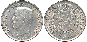 Швеция 1 крона 1940 G, Густав V (1907-1950) KM 786.2 серебро 4178-653