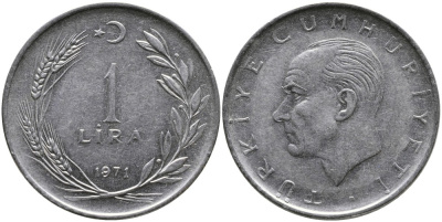 Турция 1 лира 1971 Мустафа Кемаль Ататюрк KM 889а.2 нержавеющая сталь 4364-3113