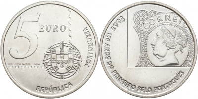Португалия 5 евро 2003 150 летие первой Португальской марке KM 749 серебро UNC 69-314