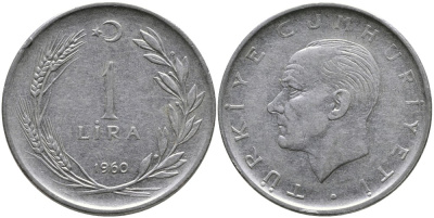 Турция 1 лира 1960 Мустафа Кемаль Ататюрк KM 889а.1 нержавеющая сталь 4541-236