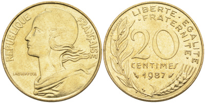 Франция 20 сантимов 1987 тип Марианна KM 930 медь алюминий никель 4116-543