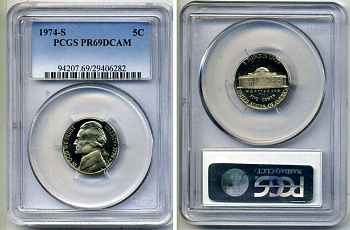 США 5 центов 1974 S, президент Джеферсон, в слабе PCGS PR69CAM KM А192 медно-никель PROOF 15-002-16