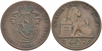 БЕЛЬГИЯ 2 САНТИМА 1863 BELGES KM 4.2 медь 4448-633