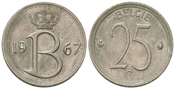 Бельгия 25 сантимов 1967 Belgie, Бодуэн I (1951-1993) KM 154.1 медно-никель 3458-1254