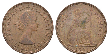 Великобритания 1 пенни 1961 Елизавета II (1952-2022) KM 897, Spink 4157 бронза 4661-836