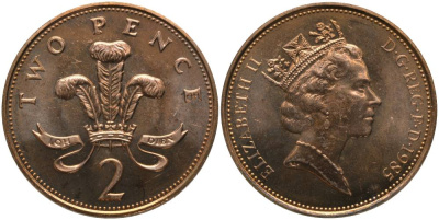 Великобритания 2 пенса 1985 Елизавета II (1952-2022) KM 936, Spink 4376 (C3) бронза UNC 181-626