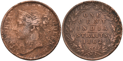 Стрейтс-Сетлментс 1 цент 1862 Виктория (1837-1901), Ост-Индская компания KM 6 медь 4590-226