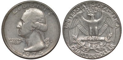 США 25 центов (квотер) 1974 Вашингтон KM 164a медь плакированная медно-никелем 4128-634