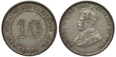 Стрейтс-Сетлментс 10 центов 1927 Георг V (1910-1936) КМ 29b серебро 53-636