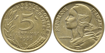 ФРАНЦИЯ 5 САНТИМОВ 1966 ТИП MARIANNE KM 933, LE FRANC 125.2 алюминиевая бронза 99-1113