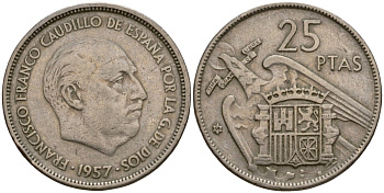 Испания 25 песет 1957 (59) KM 787 медно-никель 92-321