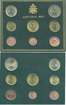 Ватикан евронабор из 8 монет 2005 Папа Иоанн Павел II, в оригинальном буклете KM MS 111 биметалл UNC 1-5-3-12