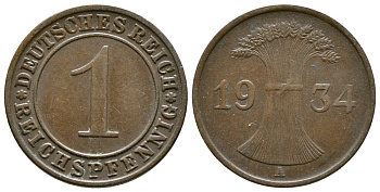 ГЕРМАНИЯ 1 РЕЙХСПФЕННИГ 1934 A KM 37, J. 313 бронза 4380-1249