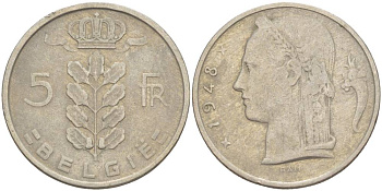 БЕЛЬГИЯ 5 ФРАНКОВ 1948 BELGIE, БОДУЭН I (1951-1993) KM 135.1 медно-никель 4546-256