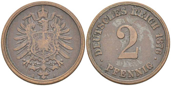 ГЕРМАНИЯ 2 ПФЕННИГА 1876 A, СТАРОГЕРБОВКА KM 2, J. 2, Weege 3 медь 212-843