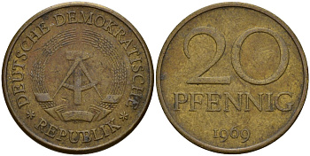 ГДР 20 пфеннигов 1969 A, первый год KM 11 латунь 92-344