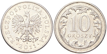 Польша 10 грошей 2011 Y 279 медно-никель UNC 4614-322
