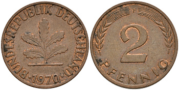 ФРГ 2 пфеннига 1970 F J.381a, KM 106a сталь плакированная медью    4598-761