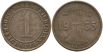Германия 1 рейхспфенниг 1935 A KM 37, J. 313 бронза 4528-429