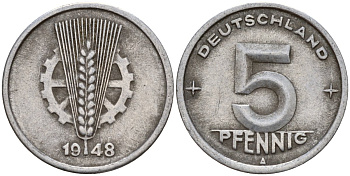 ГДР 5 пфеннигов 1948 A KM 2 алюминий 201-1042