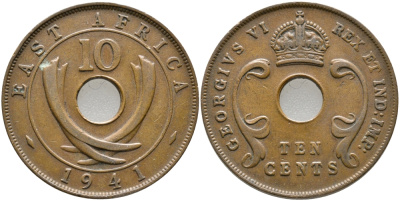Британская Восточная Африка 10 центов 1941 Георг VI (1936-1952) KM 26.1 бронза 32-112