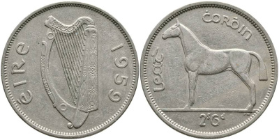 ИРЛАНДИЯ 1/2 КРОНЫ = 2 ШИЛЛИНГА 6 ПЕНСОВ 1959 ЛОШАДЬ KM 16а медно-никель 4531-846