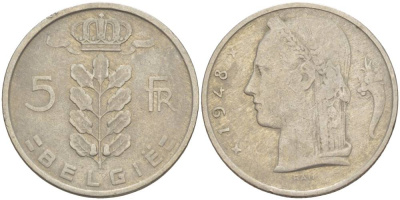 БЕЛЬГИЯ 5 ФРАНКОВ 1948 BELGIE, БОДУЭН I (1951-1993) KM 135.1 медно-никель 4546-256