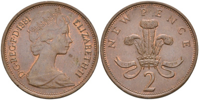 Великобритания 2 пенса 1981 Елизавета II (1952-2022) KM 916, Spink 4235 (C1) бронза 4116-742