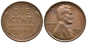 США 1 ЦЕНТ 1951 D ЛИНКОЛЬН KM А132 медь цинк 4364-716