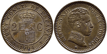 ИСПАНИЯ 2 СЕНТИМО 1904 SM-V, АЛЬФОНСО XIII KM 722 медь aUNC 443-445