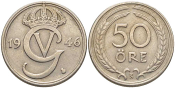 Швеция 50 эре 1946 TS, Густав V (1907-1950) KM 796 никель бронза 119-1041