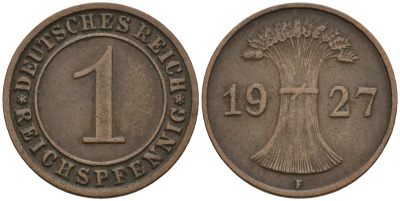 Германия 1 рейхспфенниг 1927 F KM 37, J. 313 бронза 4124-563