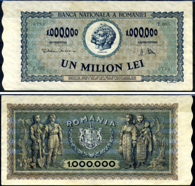 Румыния 1000000 леев 1947 Траян и Децебал, семья крестьян Pick 60 a бумага 8590-25-2-1