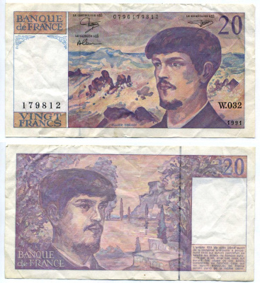Франция 20 франков 1991 signatures: Bruneel / Dentaud / Charriau, Клод Дебюсси Pick 151е бумага 7215-9-3-1