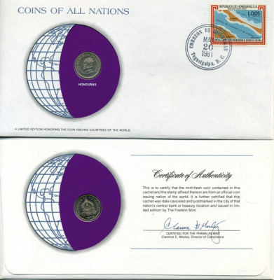 Гондурас 20 сентаво 1973 конверт с маркой первого дня гашения, Coins of Nations KM 81 медно-никель UNC 4294-36-1