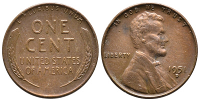 США 1 ЦЕНТ 1951 D ЛИНКОЛЬН KM А132 медь цинк 4364-716